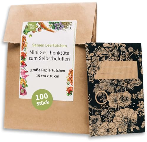 Große Samentütchen, Flachbeutel, Mini-Geschenktüte zum Selbstbefüllen und Beschriften für eigenes geerntetes Saatgut, Geschenke, Globuli - 100 Stück aus braunem, bedrucktem Packpapier