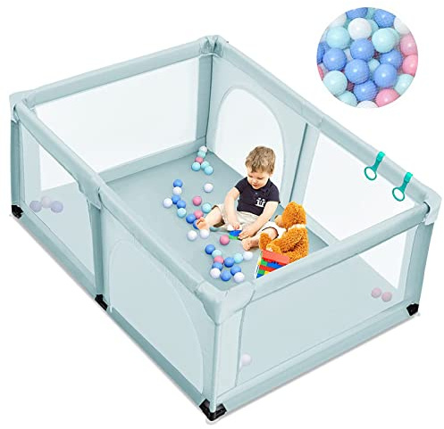 COSTWAY 120 x 190cm Baby Laufstall mit 50 Spielbällen, Laufgitter mit atmungsaktivem Netz und Reißverschluss, Krabbelgitter 2 Türen, Laufgitterzelt für Säuglinge und Kleinkinder (Blau)
