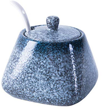 Azucarero de cerámica, azucarero de cerámica, tarro de cerámica vintage con tapa, cuchara, azucarero de porcelana, caja de condimentos para cocina, restaurante (azul), azucarero japonés, azucarero d