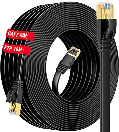 LAN Kabel 10meter Cat 7, Netzwerkkabel 10m Flach Ethernet Kabel Cat7 S/FTP | Outdoor Indoor - PIMF Schirmung Gigabit(10 Clips), Cat 7 Rohkabel mit RJ45 Stecker - Patchkabel 10m für Router Access Point