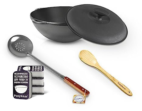 Kazan Hierro fundido Ø 40 cm 12 L con tapa de hierro fundido Ø 40 cm, esponja, cuchara de madera, espumadera para Plov 48 cm Uzbekistán olla WOK плов казан Kazan horno Plov