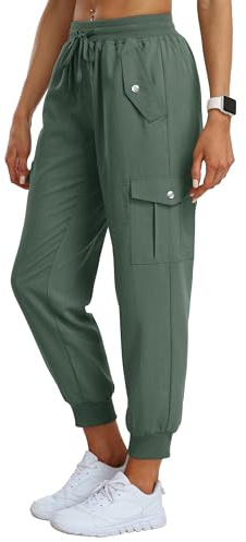 JINSHI Pantalones Senderismo Mujer Cargo Jogger Pantalón Ligero Transpirable Pantalone Ocio Aire Libre Deportes Acampada Trekking Multibolsillos Verde Militar Talla M
