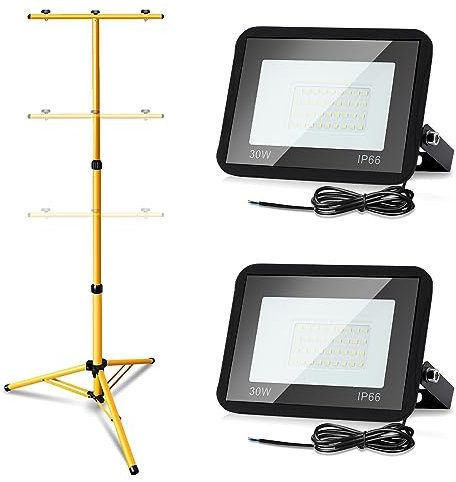 Yakimz Lot de 2 projecteurs de chantier LED 30 W blanc froid + trépied Projecteur LED 6000 K 2550 lm avec câble de 1 m de câble étanche IP66 pour intérieur et extérieur terrain de sport (pas de fiche)