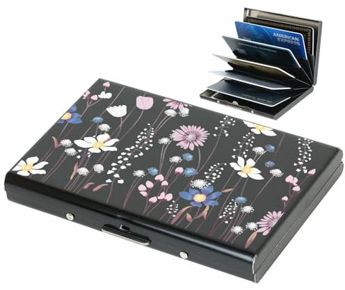 BONSYL® Kreditkartenetui, RFID Blockierung Schlankes Metall Kreditkartenetui Geldbörsen mit 6 Kartenfächer für Damen und Herren.(6 Karten/Schwarz/Blume)