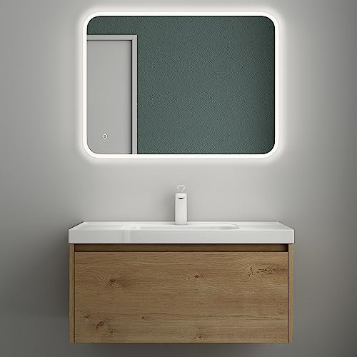 Mai & Mai Badmöbelset Badezimmermöbel Kerneiche Waschbeckenunterschrank 80 cm mit Waschschbecken aus Mineralguss und LED-Badspiegel Salerno