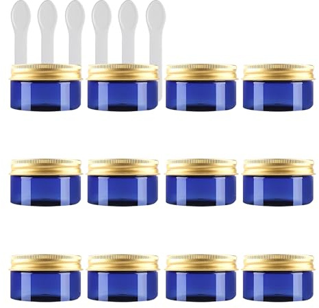 PQPAUTY 12 Stück Kleine 100 ml Blau Kunststoff Leere Cremedose Dose mit Gold Deckel 100 g Leerdose Schraubdose Blechdosen Kosmetische Behälter Tiegel, 6 Stück Spatel