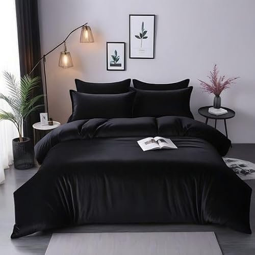 Cozyor Kuschel-Bettwäsche extra dick und weich Plüsch, robuster Reißverschluss Deckenbezug 135x200 cm, Kissenbezug 80x80 cm, 2 teilig, schwarz Eclipse