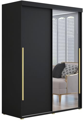 Meble Slupia - Garderobenschrank - Kleiderschrank mit Spiegel und Schiebetüren - 140x202x62cm - Kleider Schrank Schlafzimmer mit Kleiderstange - IGA 01 Schwarz, Griff Gold