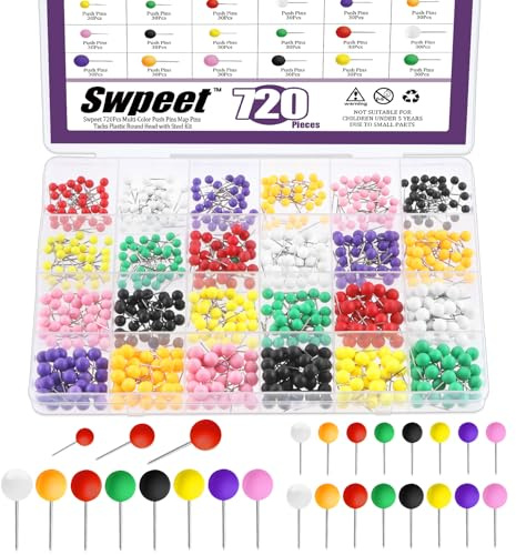 Swpeet 720Pcs 3 Größen 1/6 1/5 1/4 - 4mm 5mm 6mm Bunte Kunststoff Kugel Runde Kopf Push Pins Tacks mit Stahlspitze Sortiment Kit, Karte Tacks Kunststoff Markierung Pins für Bulletin Board, Fabric