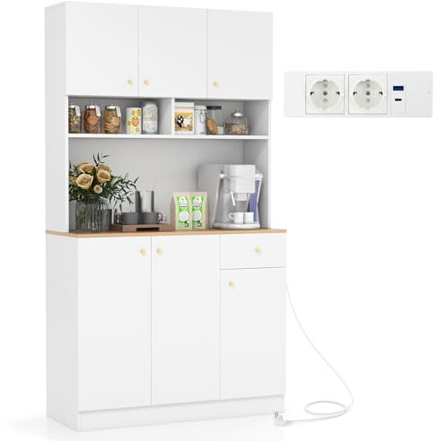 COSTWAY Küchenschrank Holz, Buffetschrank mit Steckdosen & USB-Anschlüsse & Type C, Hochschrank Küche mit verstellbaren Regalen, Aufbewahrungsschrank für Küche Wohnzimmer, 100 x 40 x 181cm (Weiß)