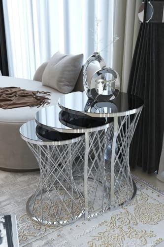 Dubrilux Round Nest Of Tables Set - 3 Piece Gold & Silver Nesting, Coffee, Side, Sofa End Table (Atalia)