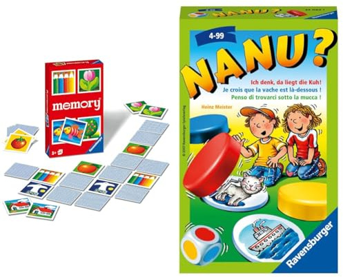 Ravensburger 22457 - Kinder Memory®, der Spieleklassiker für die ganze Familie & 23063 - Nanu? Mitbringspiel für 2-4 Spieler, Merkspiel ab 4 Jahren, kompaktes Format, Reisespiel, Würfelspiel
