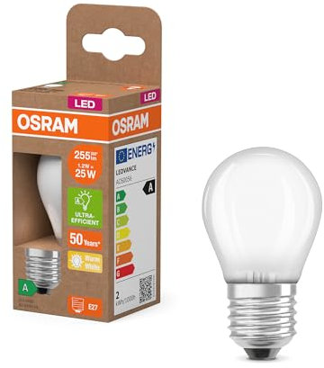 Osram dalla classica forma mini-sferica, con filamento LED decorativo dal design satinato, classe di efficienza energetica A, E27, 1,2 W, 255 lm, 2700 K, bianco caldo. luce immediata al 100%.