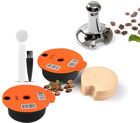 Reusable Pods with Paper Filters,Reusable Coffee Capsules 60ML Silicone Lids 180ml Compatible with Machines,Readable Barcode Steel Coffee Tamper (60-220-T-50F)