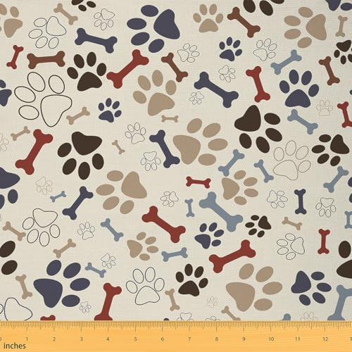 Loussiesd Nettes Hundethema Stoff 92x150cm für Handgemachten Quilten Pup Hund Pfote Drucken Down Stoff Knochen Hundeliebhaber Patchwork Stoffe Tier Thema Beige Polsterstoff für DIY Nähmuster Handwerk