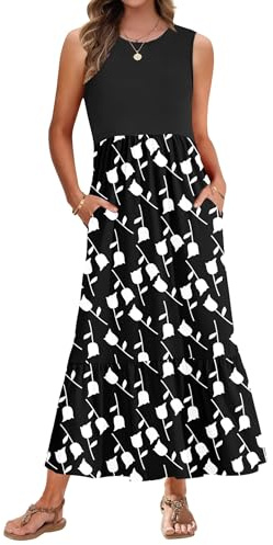 AUSELILY Summer Dresses for Women UK Sleeveless Maxi Dresses Ladies Beach Coverups Sun Dresses Tiered Long Dress with Pockets Black White Tulips L