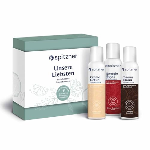 Spitzner Geschenkset Unsere Liebsten | 3 Duschschäume: CremeGefühl, TraumMann & EnergieBoost | Edle Geschenkbox für Pflege & Duftmomente