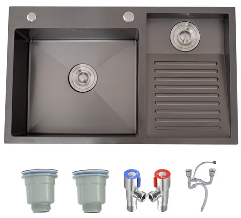 HZKSINNK Lavandino del bagno a Vasca doppia, SUS 304 Lavello per Lavanderia in Acciaio Inox, Washbasin with Easy Clean Double Sink Laundry Pool per Lavanderia a Garage ripostiglio Cucina(Black-R,80x48
