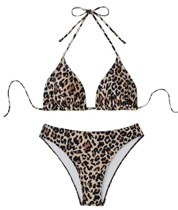 GORGLITTER Damen Triangel Bikini Set Leopardenmuster High Waist Sexy Brazilian Bikini Neckholder Bikini Leo Bikini Set Zweiteiler Badeanzug Bademode 2 Teiler Leo M