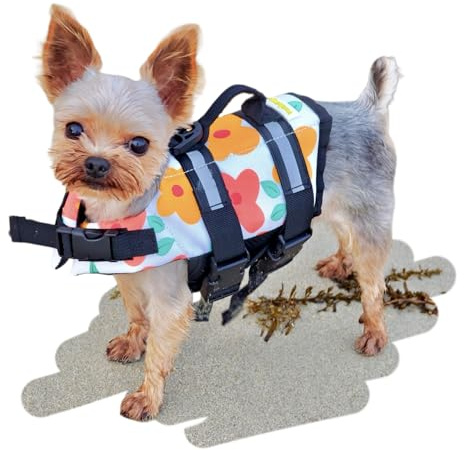 YorkieGogo Teacup Hundeschwimmweste | Schwimmweste für kleine Welpen | Schwimmhilfe mit Griff und Reflektorstreifen | Badeanzug für Hunde und Katzen von Neugeborenen und kleinen Rassen (XXS, Blumen)