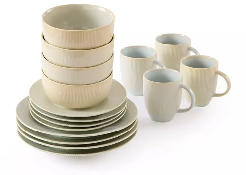 Waterside 16pc Reactive Glaze Porcelain Dinner Set Cream; 4 Dinner Plates, Side Plates, Deep Bowls & Mugs - Dishwasher & Microwave Safe