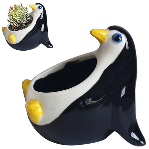Penguin Succulent Planter Pots, Novelty Cute Animal Ceramic Air Plants Stand Holder, Unique Cactus Flower Display Container, Mini Small Pots with Drainage Hole for Home Office Desk Garden Decor