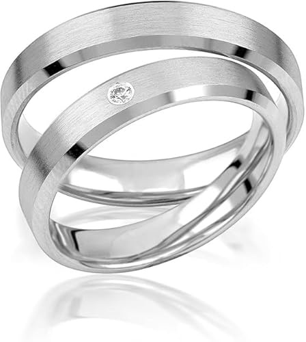 JC Trauringe 925er Sterling Silber Paarpreis I Ehe-Ringe inkl. kostenloser Gravur I Verlobungsringe 4 mm breit inkl. Etui I Damen-Ring mit Zirkonia-Stein I Gr. 48 bis 72 I S0029