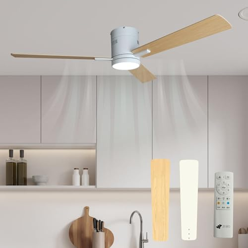 JR BRO Ventilador de techo con luz y mando a distancia,LED con 3 colores,iluminación regulable,35W, silencioso,Ø132 cm,6 velocidades,temporizador,modo verano/invierno,motor DC,para dormitorio y salón