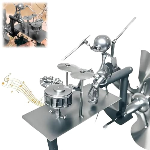 Handmade Metal Rock Band Windmill – Kinetic Wind Sculpture with Drummer, Guitarist, Bassist – Wind Spinner Garden Decor for Yard, Lawn, Patio (Drummer-Silver)