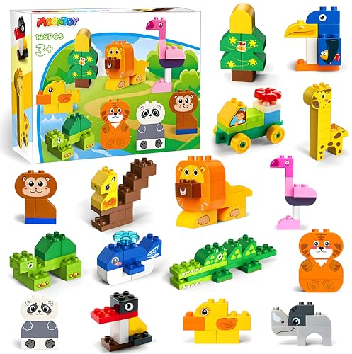 MOONTOY Große Bausteine, 125 Teile Bunte Bauklötze zum Bauen von 16 Tier, Bauspielzeug Konstruktionsspielzeug ​​für Kleinkinder Classic STEM Lernspielzeug Spielzeug für Kinder ab 2 3 4 Jahre Geschenk