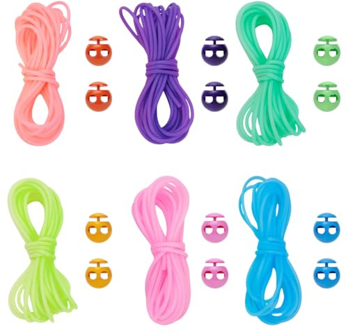 UNICRAFTALE Juego de cordones de punto, 18 m, 6 colores, redondos, cordeles de pelo de goma sintética con 36 soportes de malla de plástico en 6 colores para sujetar mallas