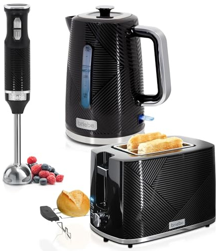 briebe Elegance Set Tostadora Pan 2 Rebanadas, 7 Niveles Tostado + Hervidor Agua Eléctrico 1,7L Inalámbrico, 2200W Libre BPA + Batidora de Mano 600W, 2 Velocidades, Acero Inoxidable, Negro