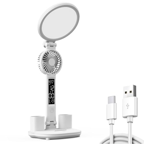 NVOQILIN Lampe de bureau LED avec ventilateur 3200 mAh rechargeable/USB Affichage LED Heure Température Lampe de lecture avec ventilateur Effet doux