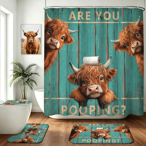 Mocsicka Vintage Funny Highland Cow Shower Curtain Set Retro Green Plank Door Farmhouse Cow Bath Decor Set Funny Bath Curtain Set with Anti-Slip Waterproof Bathtub Bathroom Rugs Toilet Lid Cover