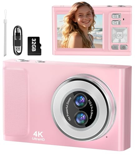 JDZ Digitalkamera, 4K Kamera, Kamera Fotokamera 16X Optischem Zoom, Kompakt und Leicht mit 32 GB TF-Karte, Ideal für Schüler und Fotografie-Anfänger in Outdoor-Szenarien (Rosa)