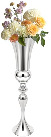 Hochzeit Vase Silber 74cm Eisen Blumenvase Modern mit Elektroplattierung, Stabile Standvase mit Großem Sockel, Deko Säule für Hochzeit, Event, Wohnzimmer & Tischdeko
