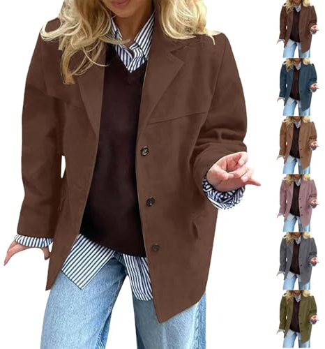 HUIFUAO Wildlederjacken für Damen, Übergröße, Kunstleder-Blazer, langärmelig, Button-Down-Revers, Anzugjacken, Herbst und Winter, elegante trendige Mäntel, Oberbekleidung mit Taschen, braun, M