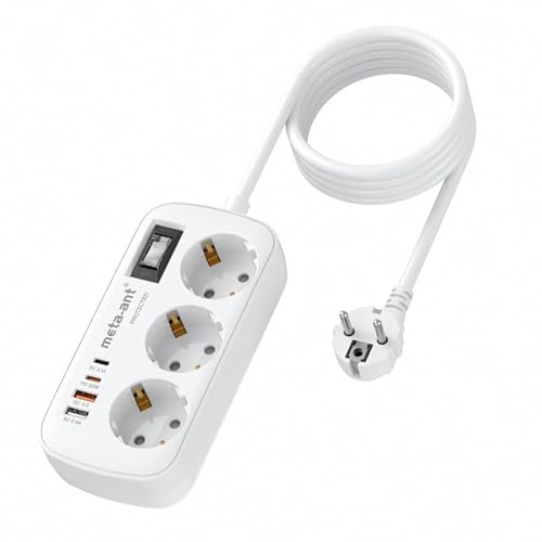 Ciabatta elettrica con USB PD20W, 3 prese, con protezione da sovratensione, 4000 W, presa con 4 USB (2 USB-C), 1,5 m, presa elettrica a parete, per casa, ufficio, bianco