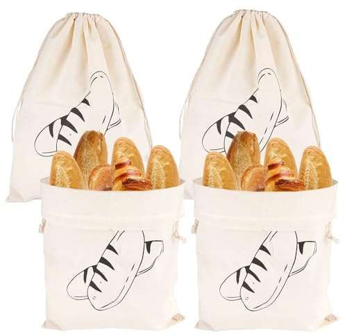 Varenzya 4 Pezzi Sacchetto Pane in Lino, 30×40cm Sacchetto per Pane con Coulisse Riutilizzabili, Sacchetti Portapane in Cotone e Lino, Borsa del Pani in Tessuto per Prodotti da Forno, Frutta, Verdura