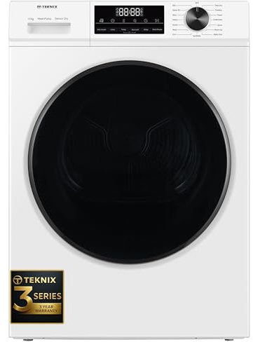 Teknix TK3HP10XW 60cm Freestanding 10kg Heatpump Front Load Tumble Dryer - Quick Dry Function - 3 Year Cover - Suitable for Garages - Allergy Care - Shoe Drying Rack - White - A++ Rated