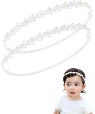 ZEXIJOW 2pcs Diademas Bebé Niña - Nailon Elástico Suave con Lazo - Para Recién - Nacidas Doble encaje elástico blanco con perlas Lindos accesorios para el cabello,Perfectos como regalo para bebés