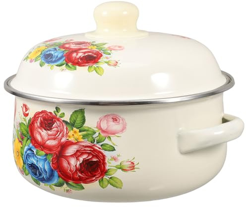 BESPORTBLE Enamel Stockpot with Lid 1.7l Vintage Design Double Handles Easy to Carry Even Heat Distribution for Family Gatherings and Outdoor Barbecues