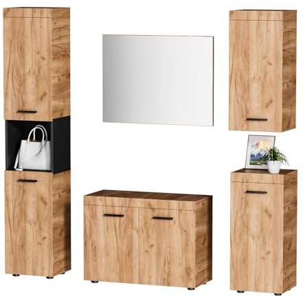 HAUSPROFI 5-teiliges Garderobenset, Flurgarderobe mit Spiegel, Doppeltür-Schuhschrank, Langer Schuhbank, Kleiderschrank und Stauraumschränken, Holzoptik, für Flur und Bad