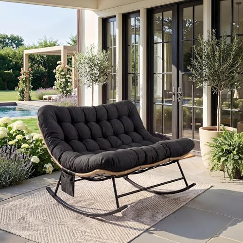 Robuster Schaukelstuhl, 2-Sitzer-Loungesessel, Tragkraft 317 kg,Schaukelsessel Für Drinnen Und Draußen Mit Dickem Polster, Wasserfestem Stoff Und Metallgestell, Für Terrasse, Garten Und Wohnzimmer