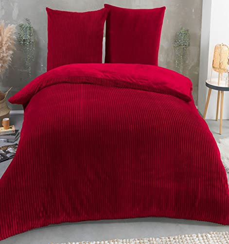 Kuscheli® Winter Wende Plüsch Bettwäsche 135 x 200 od. 155 x 220 mit 80x80 Kissenbezug Cashmere-Touch Coral Fleece Deckenbezug, Farbe:ROT, Größe:155x220 + 80x80