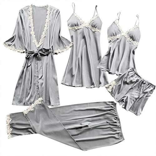 Bleau Set di pigiami da donna in seta, 5 pezzi, con canottiera sexy, camicia da notte in pizzo, Grigio, M