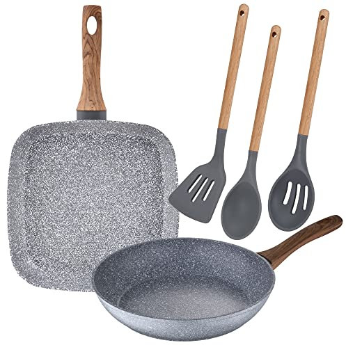 San Ignacio Juego de sarten con asador Grill de 26 cm y 28x28 cm en Aluminio Forjado y Set de 3 Utensilios de Cocina