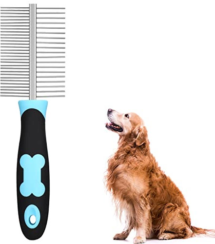 Hundekamm, Katzenkamm mit Doppelseitig Metall Abgerundeten Zähnen, Edelstahl Haustierpflege Kamm Bürste Gegen Flöhe Unterwolle, Fellkamm für Haustier mit Kurz, Mittler/Lang Haar (Blau)