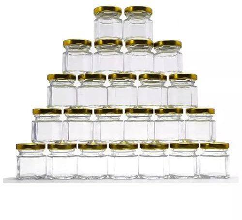 JJA Mini Jam Jars, Airtight Gold Twist Lids, Honey, Sweets, Pickle, Herbs, Ideal for Samples, Wedding Favours, Spice Jars, Breakfast Portions, 45ML Glass Jars with Lids, 30 PCS Storage Jars