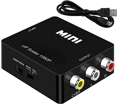 OcioDual Adaptateur Unidirectionnel HDMI vers AV, Audio Stéréo et Vidéo 1080p PAL/NTSC, pour PC, TV, Convertisseur avec Câble d'alimentation, HDMI2AV, CVBS 3 RCA, Couleur Noire